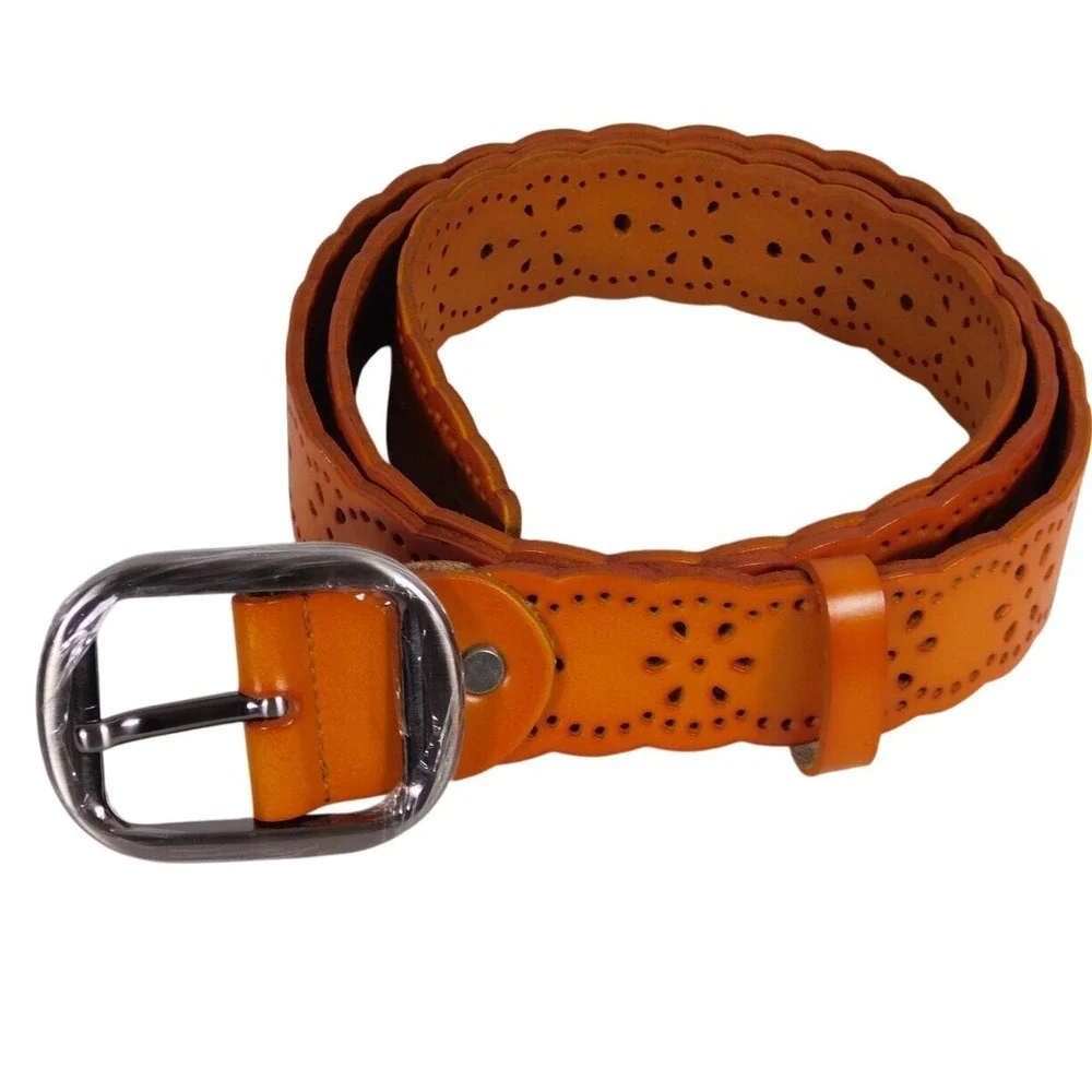 Woman's Brown Genuine Leather Hollowed Out‎ Belt, Vintage Wave Decoration
